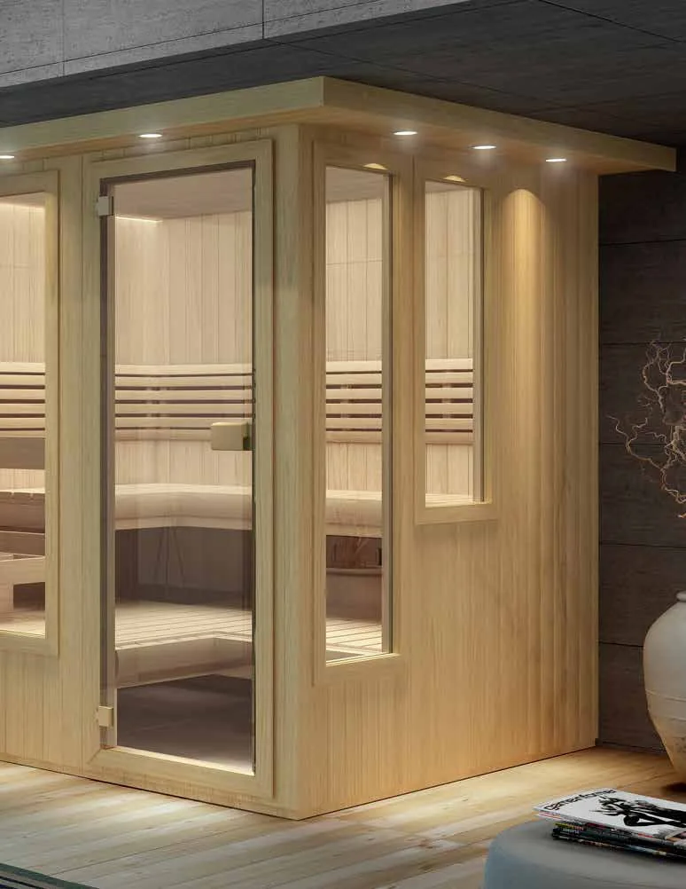 Repose: A modular sauna with a curved backrest and bullnose trim along the front bench.